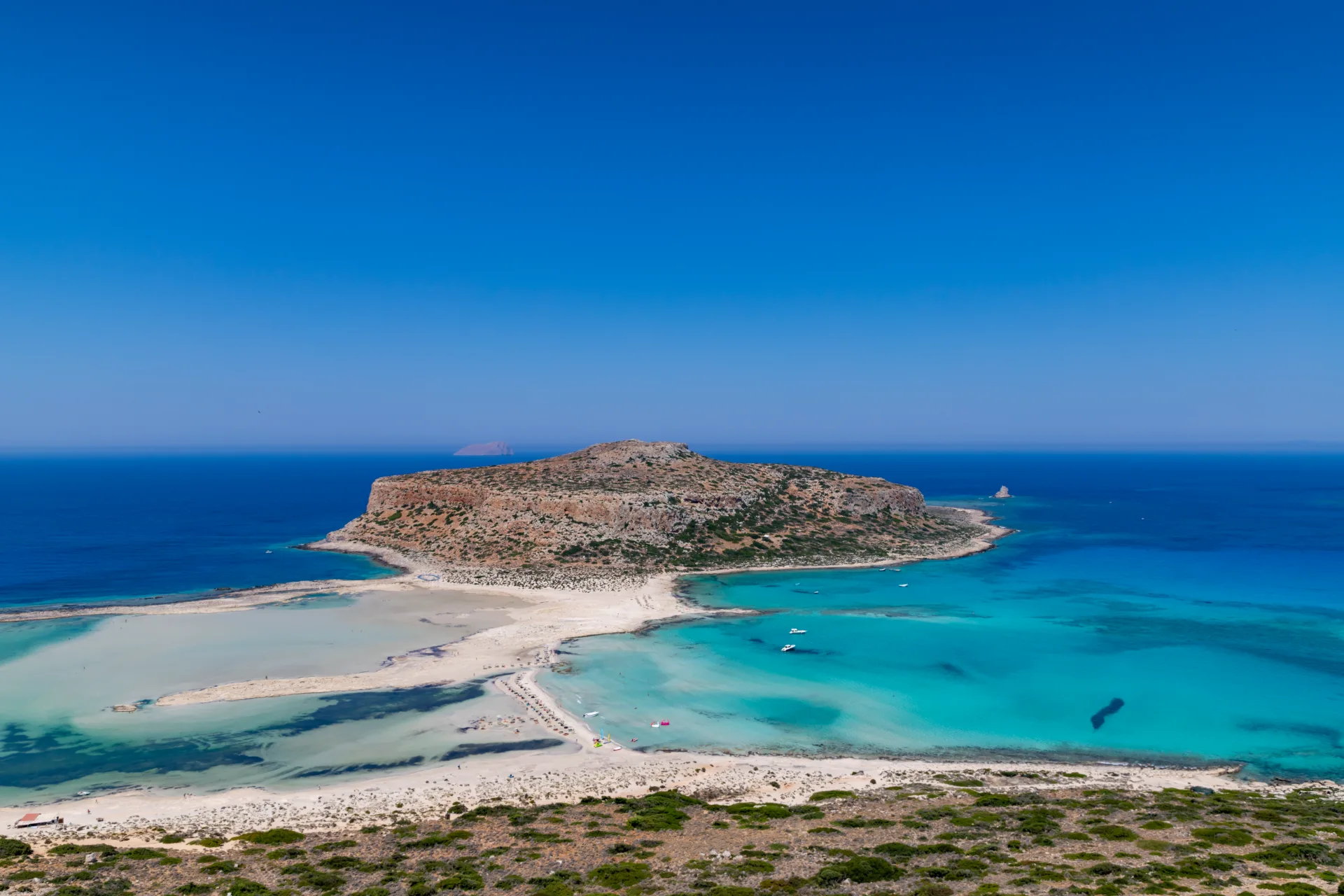 Aerial view of Balos Lagoon with shallow turquoise water and the Gramvousa peninsula