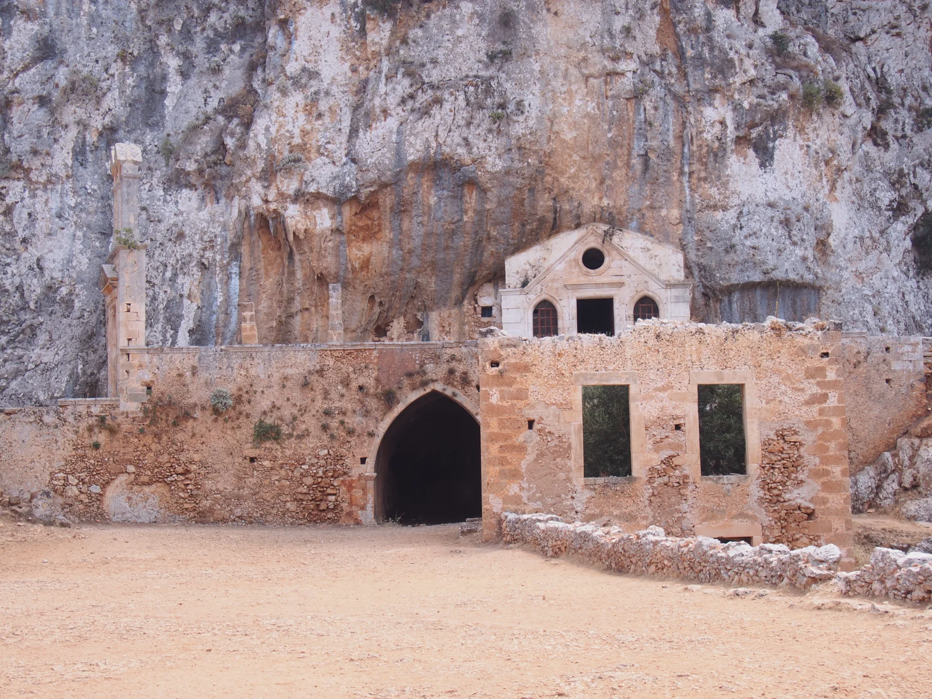 Ruins and stone buildings of Katholiko Monastery on the Akrotiri peninsula near Chania