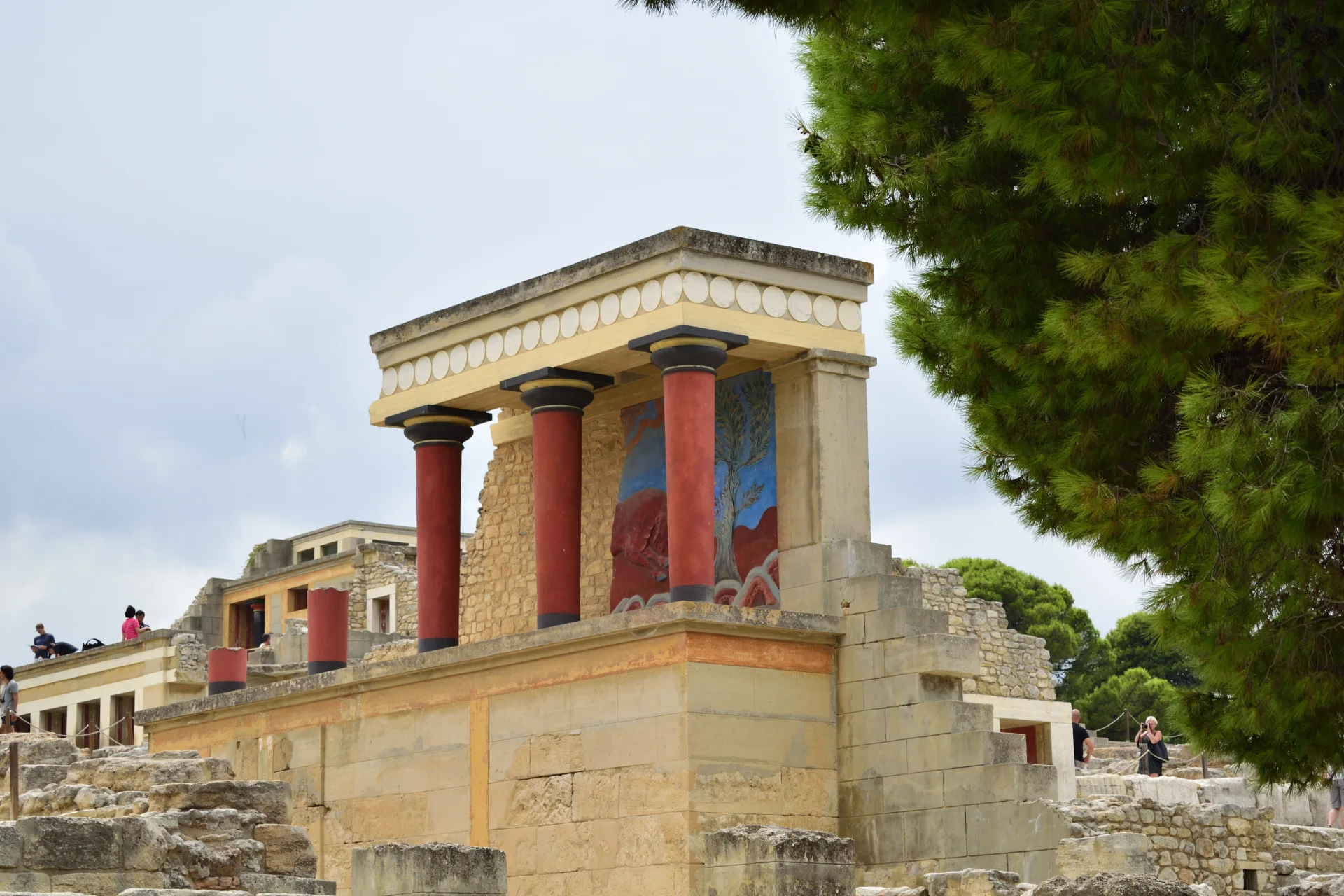 Reconstructed section of Knossos Palace with red columns and Minoan wall paintings