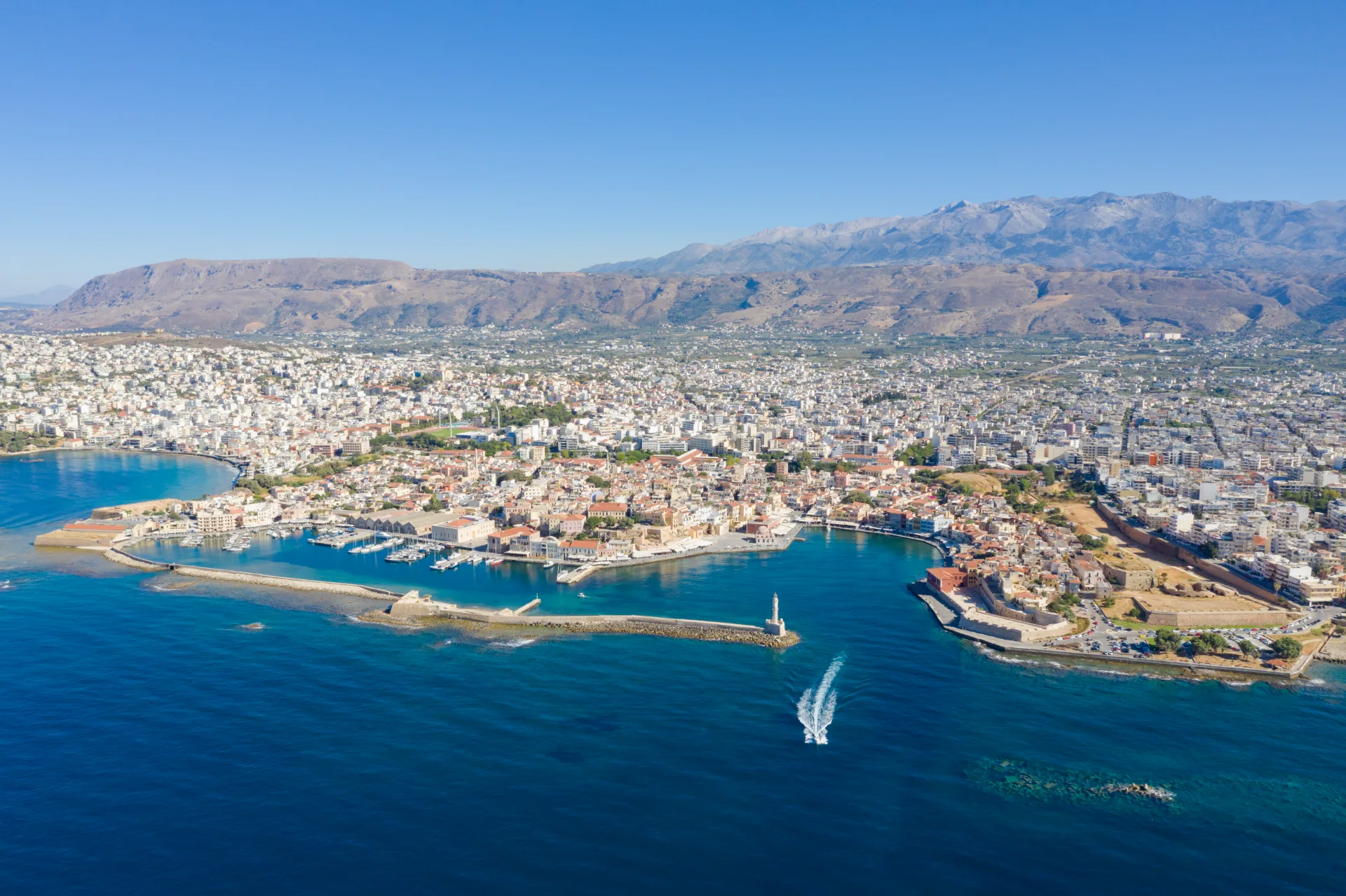 Aerial view of Chania with the old town, Venetian harbour and coastline