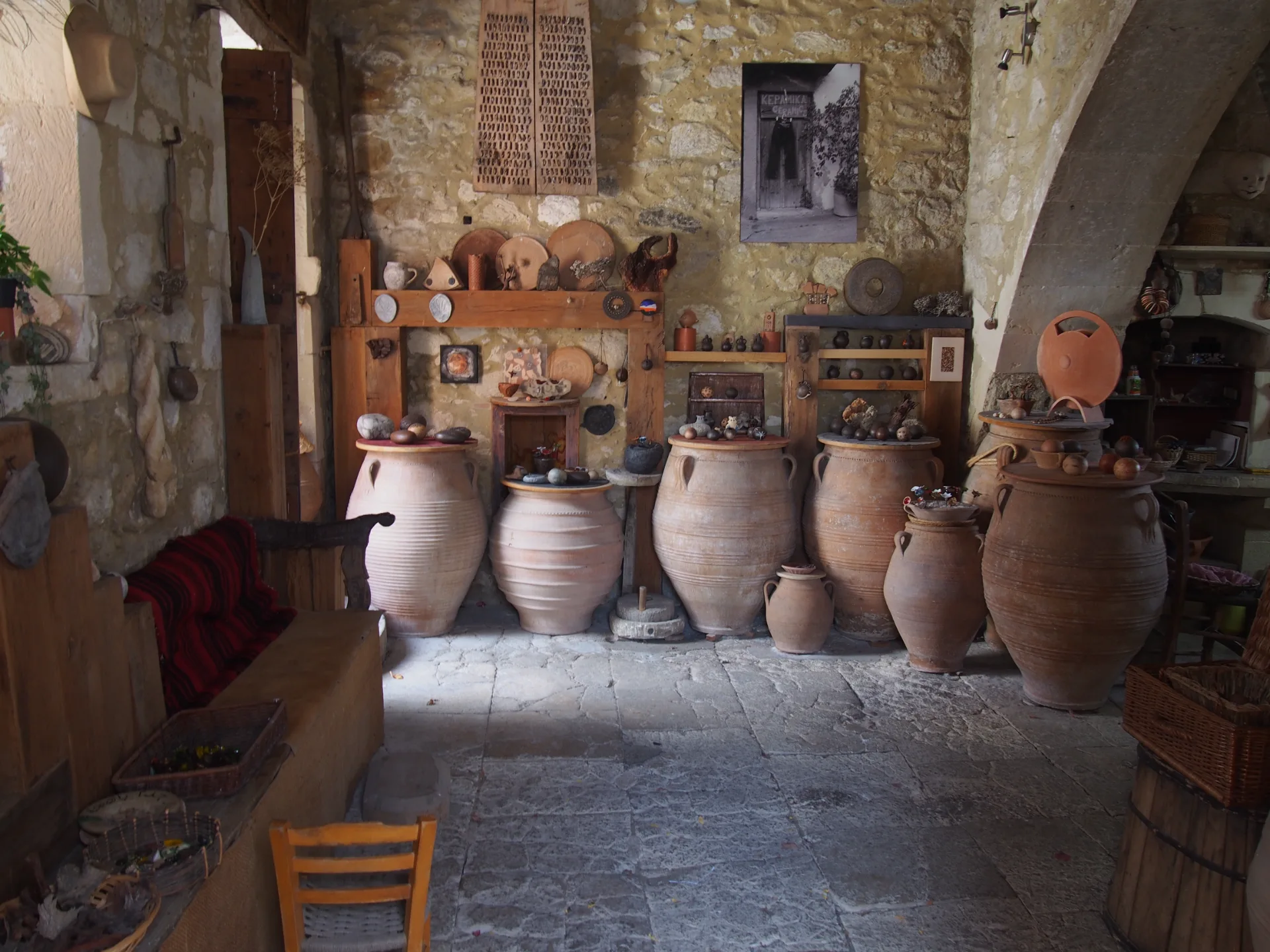 Pottery vessels inside a traditional workshop in the village of Margarites